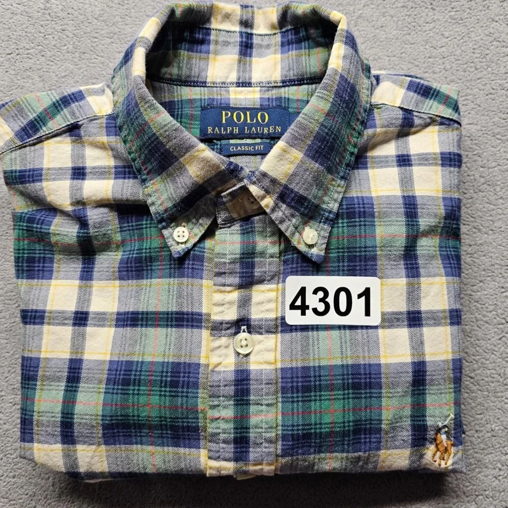 Polo Ralph Lauren Plaid Shirt Mens M Blue Green Yellow Short Sleeve Classic Fit